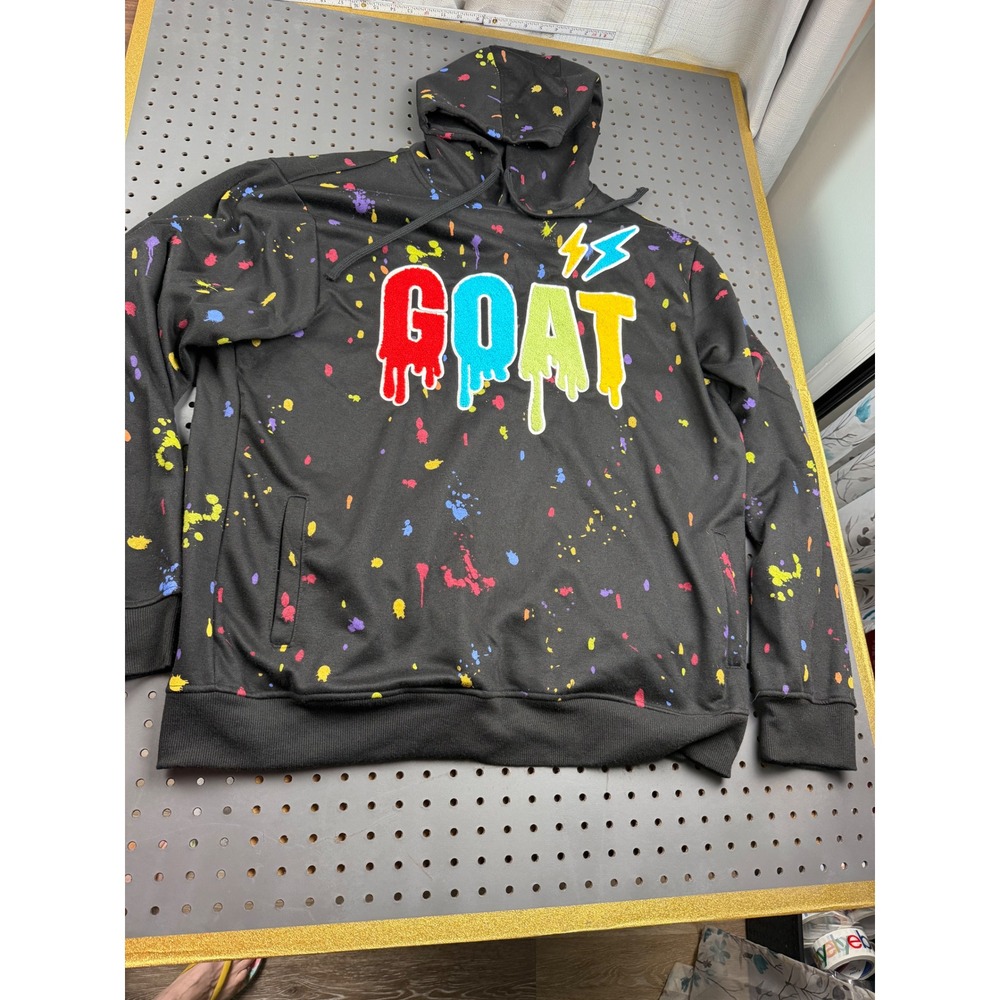 Rebel Minds Mens 3XL GOAT Paint Splatter Chenille Patch Hoodie Black Multi-Color